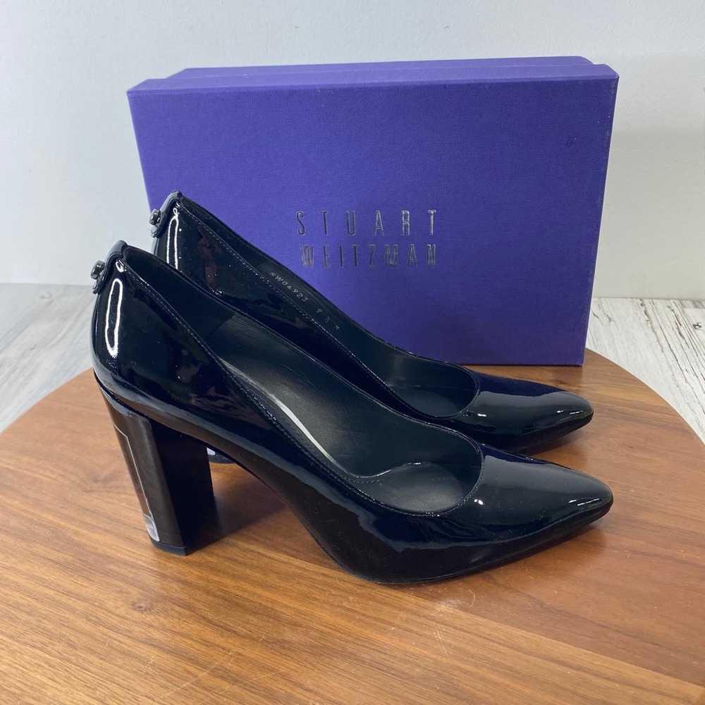 Stuart Weitzman Black Patent Leather Block Heel Pumps